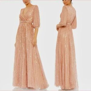 Mac Duggal 5509 Sequin Wrap Over 3/4 Bishop Sleeves Gown, Apricot, Size 16